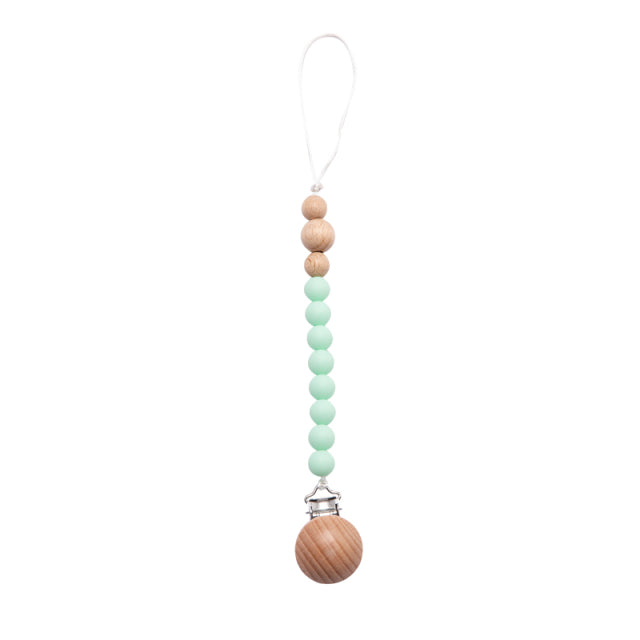 Soft coloured mint green beaded silicone pacifier chain with wooden clip