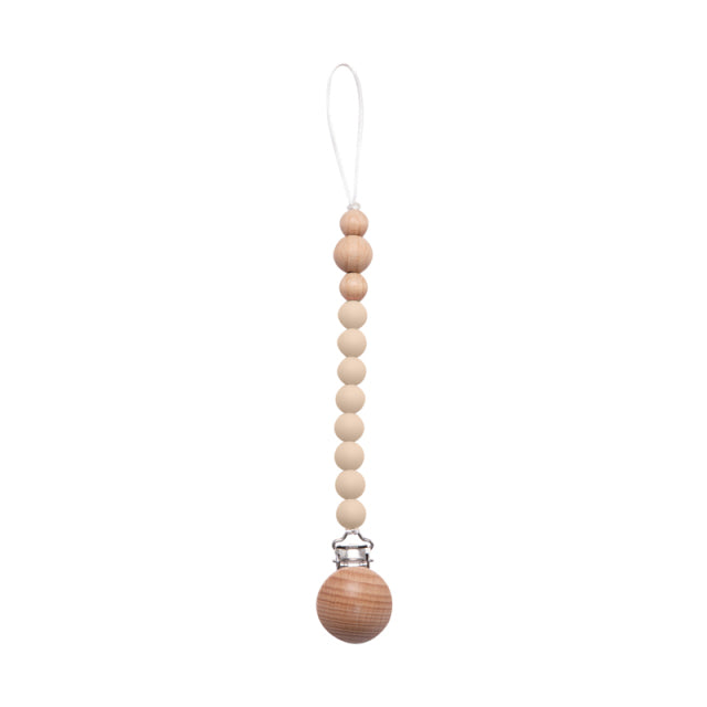 Beige and wood beaded silicone pacifier chain with wooden clip