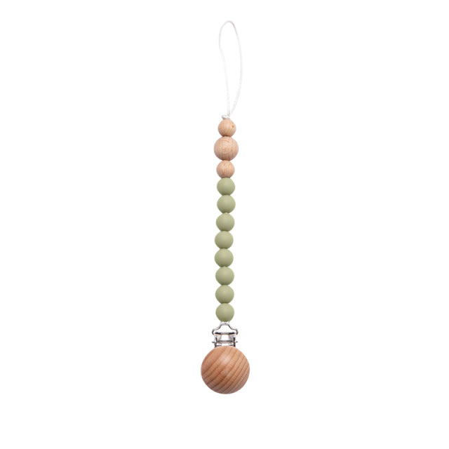 Soft coloured green and wood beaded silicone pacifier chain with wooden clip
