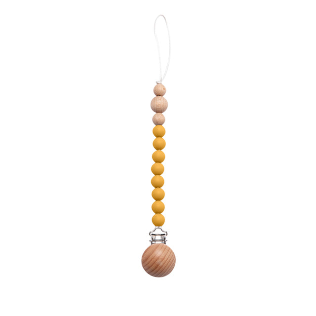 Soft coloured mustard and wood beaded silicone pacifier chain with wooden clip