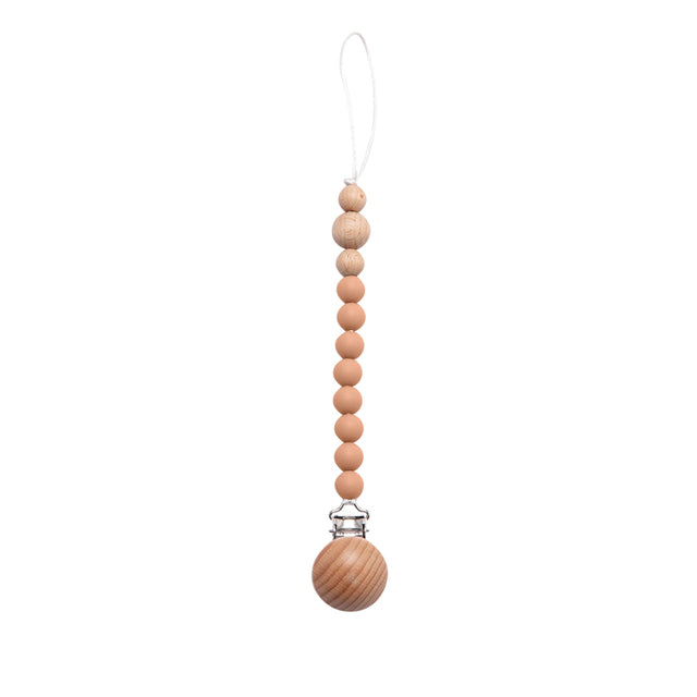 Soft coloured peach beaded silicone pacifier chain with wooden clip