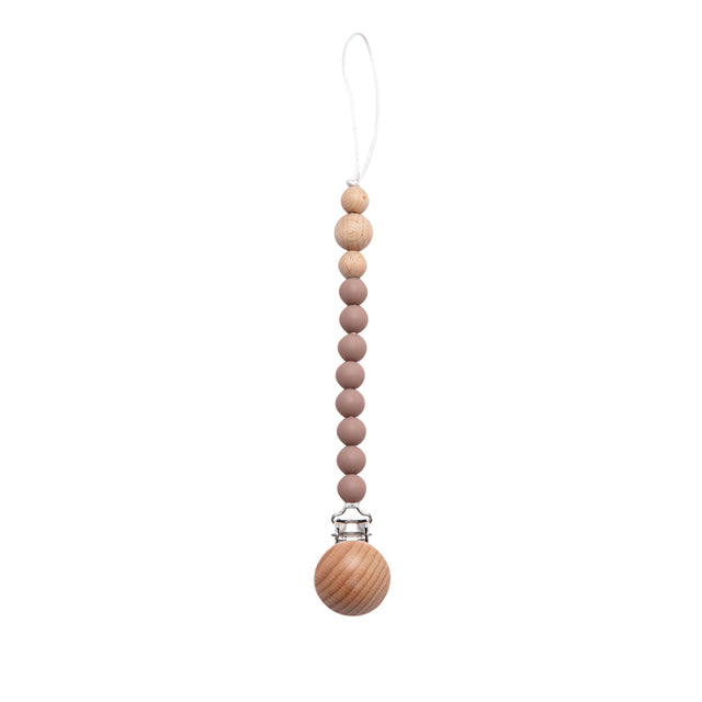 Soft coloured light brown beaded silicone pacifier chain with wooden clip