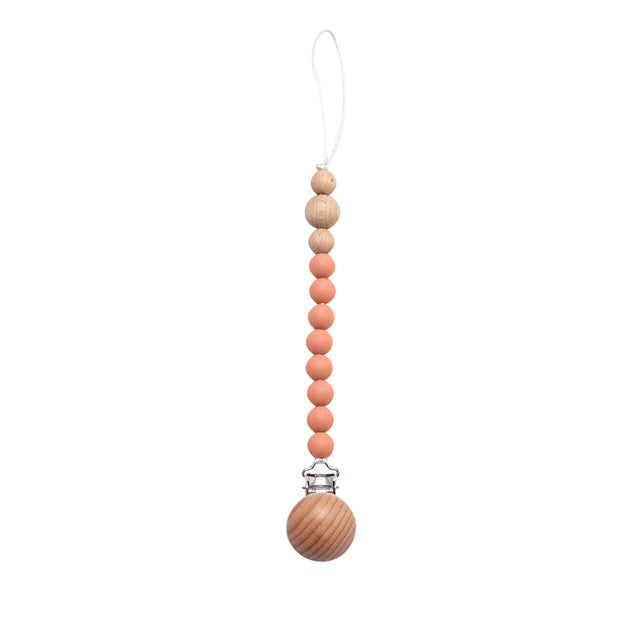 Soft coloured rustic red and wood beaded silicone pacifier chain with wooden clip
