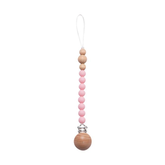 Soft coloured pink beads and wood rings silicone pacifier chain with wooden clip