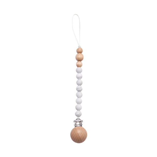 Soft coloured white beaded silicone pacifier chain with wooden clip