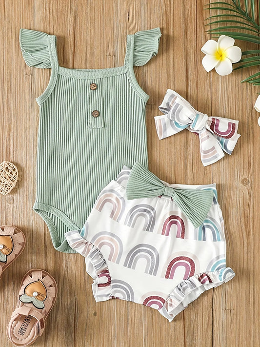 Children's green striped romper with rainbow shorts and headband