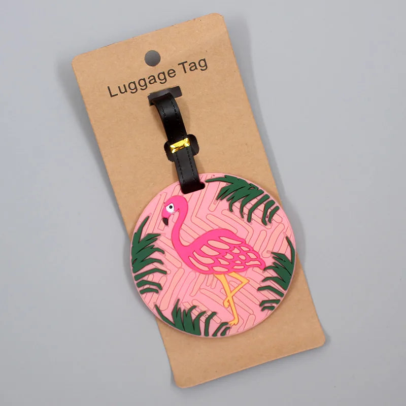 Round luggage tag with flamingo