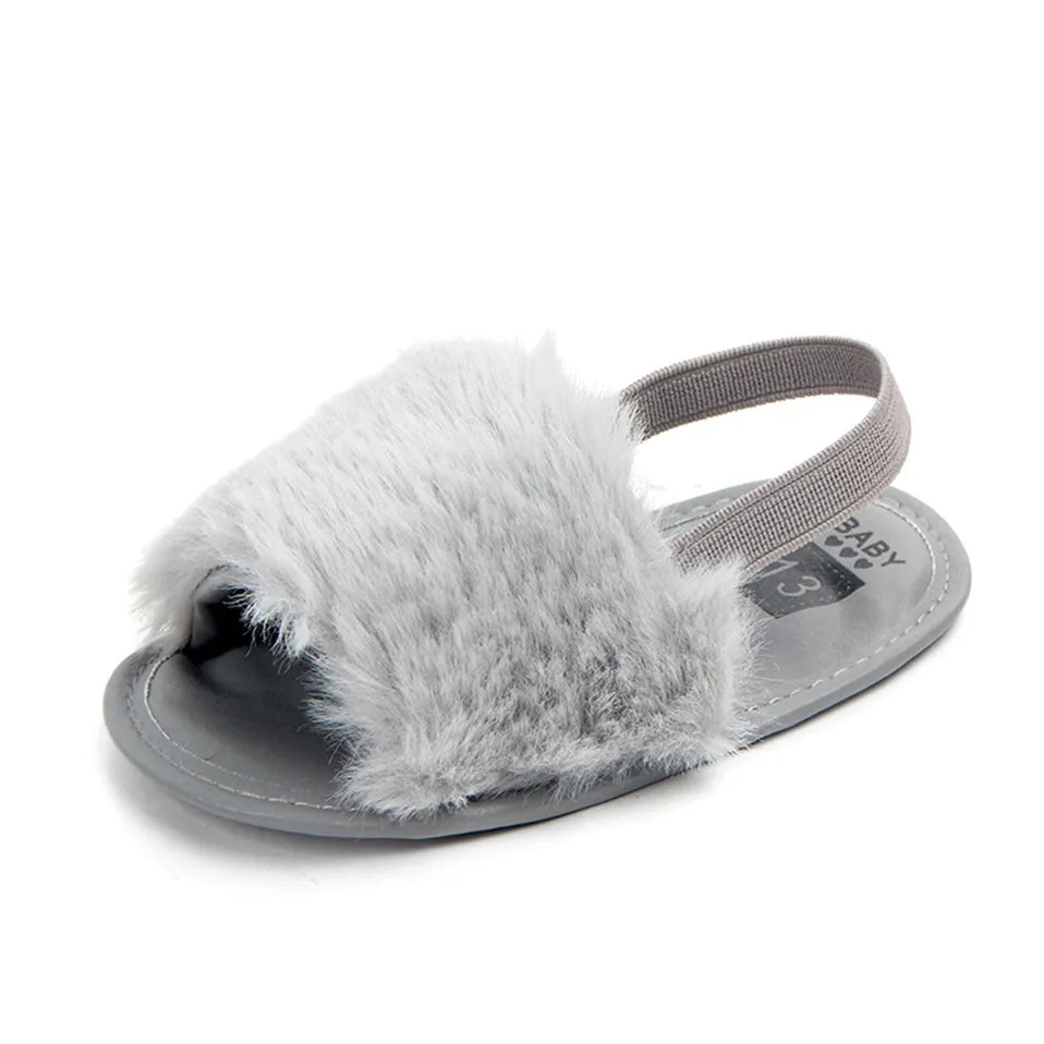 Gray sandal with fluffy gray  fur