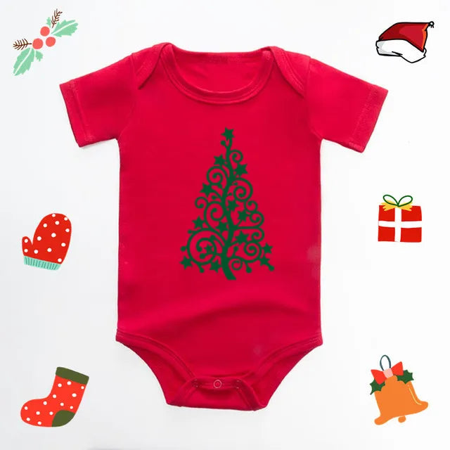 Christmas tree print on a cute red baby romper suit