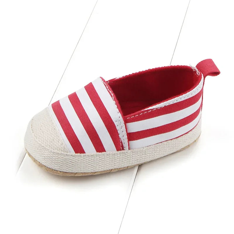 Red and white striped canvas baby shoes