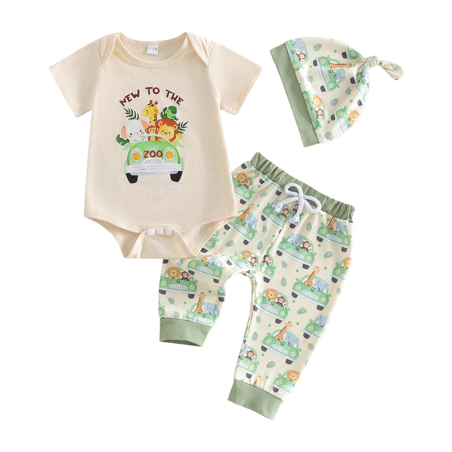 Baby outfit set with onesie, pants, and hat featuring animal and car designs 