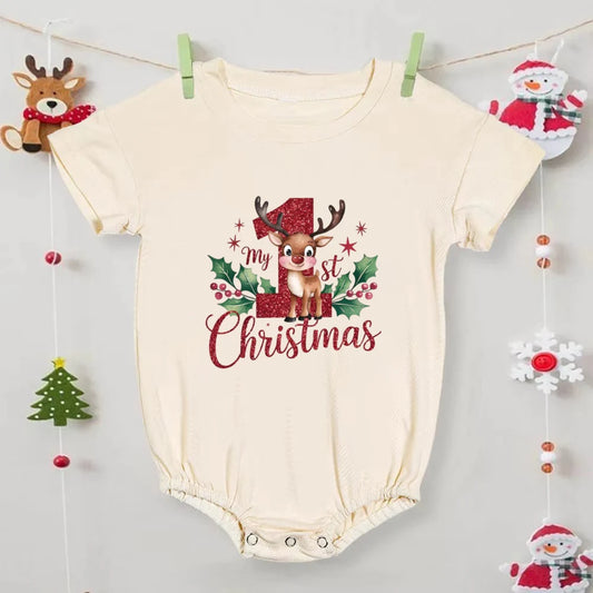 Baby romper with reindeer design and 'My 1st Christmas' text