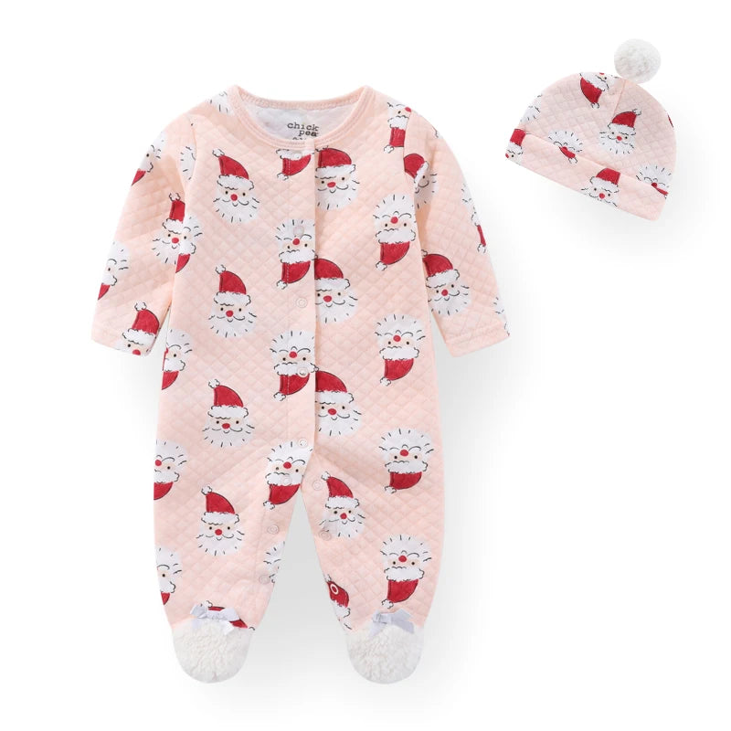 Baby onesie with Santa Claus pattern and matching hat 