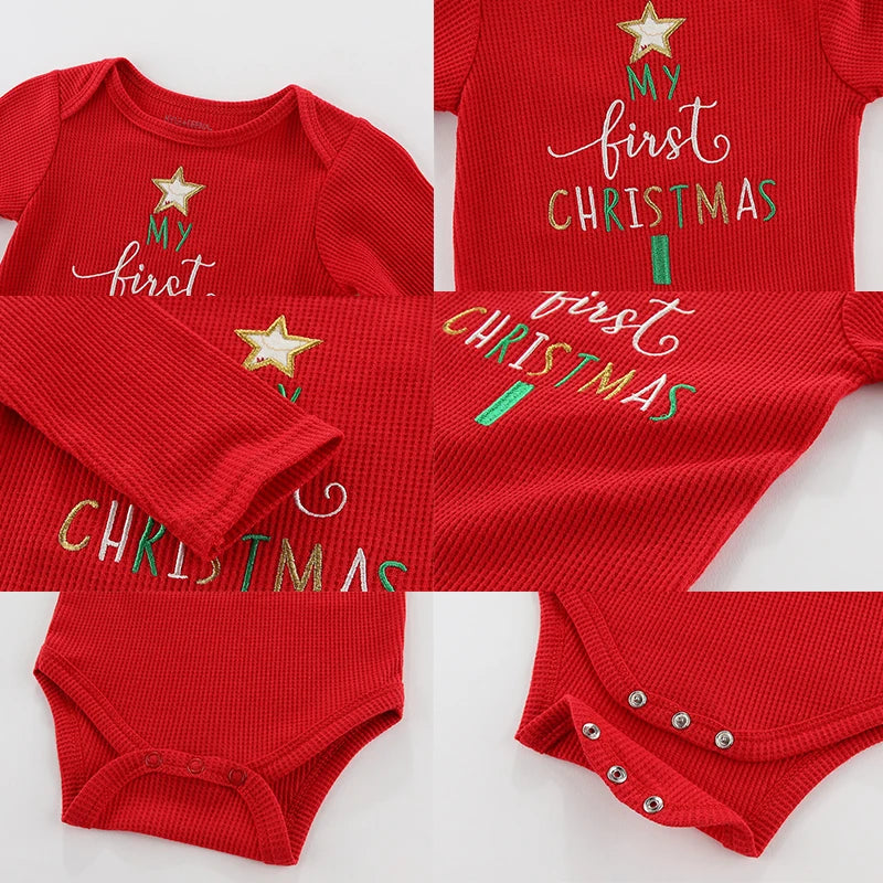 Red baby onesie with 'My first Christmas' text and star 
