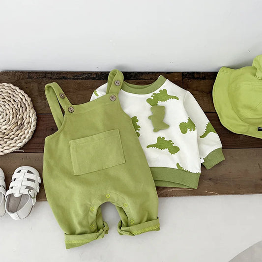 Cute 2 piece baby boy dinosaur print jumper with dungaree's