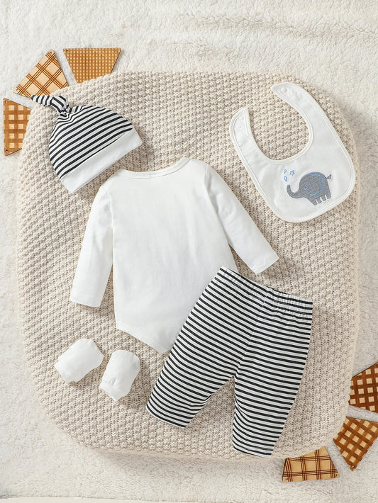 Very cute 5 piece baby boy clothing set with a elephant print on the bib with cute elephant o