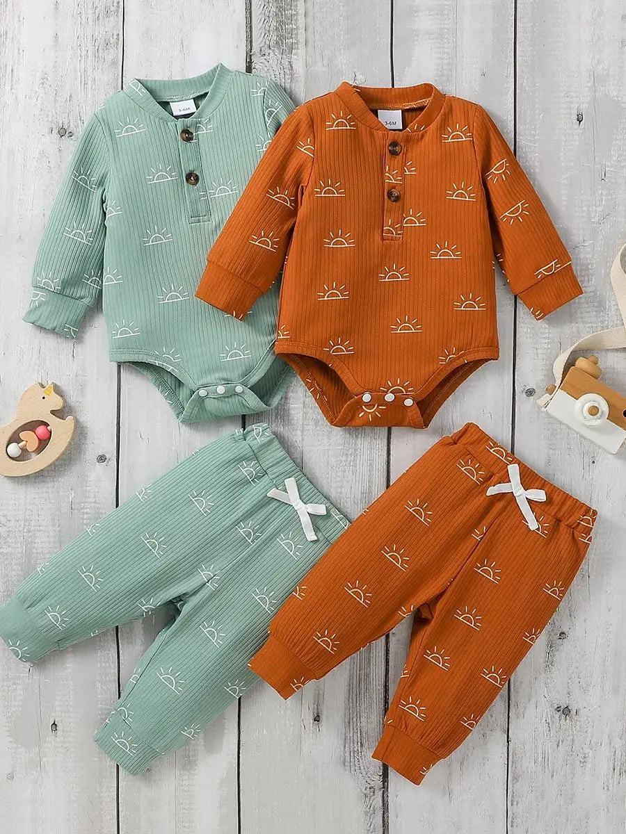 Children's clothing set with green and orange shirts and pants 