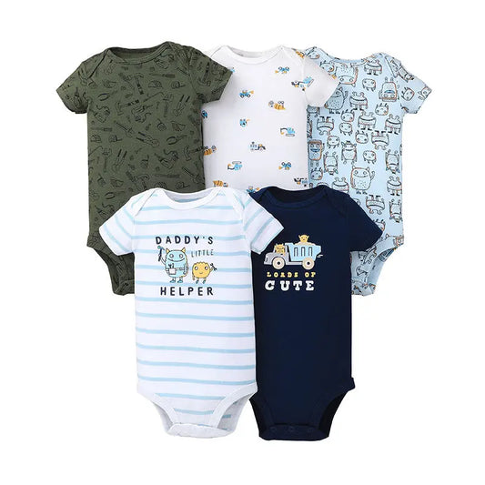 Set of five baby bodysuits with various designs 
