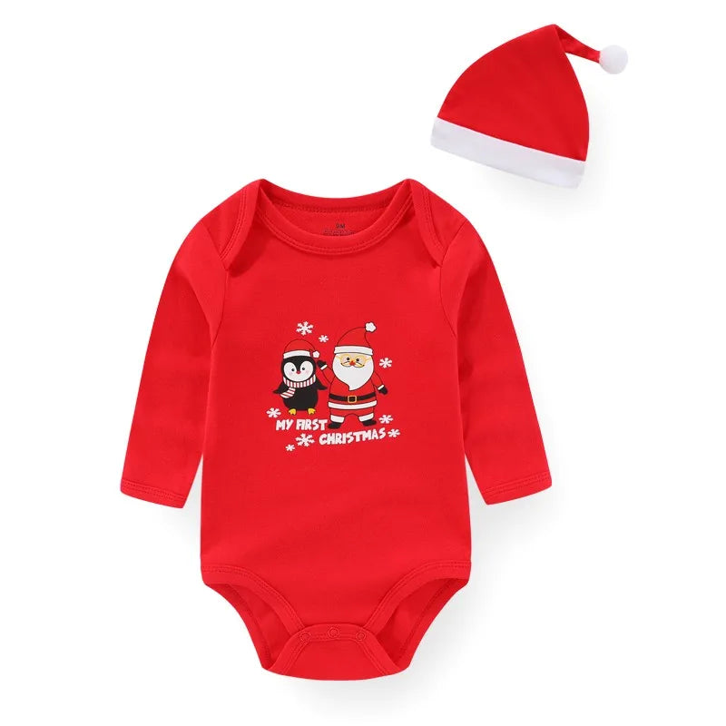Red baby onesie with Santa Claus and penguin design, paired with a matching hat 