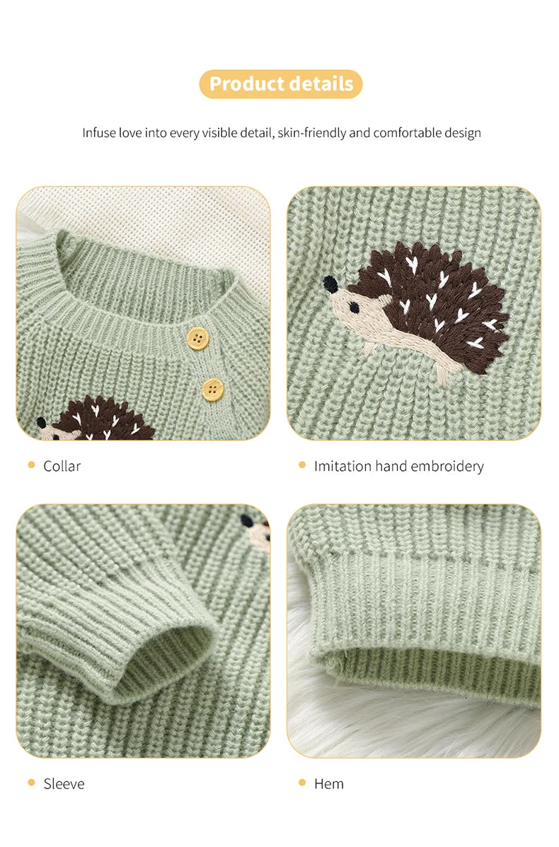 Green knitted sweater with hedgehog design and product details