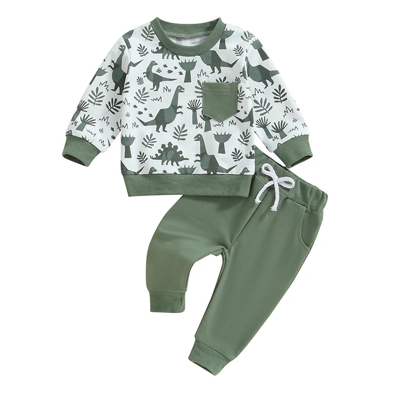 Children's outfit with dinosaur pattern shirt and green pants 