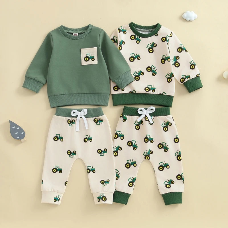 Children's 2 piece set with green and white theme featuring tractors 