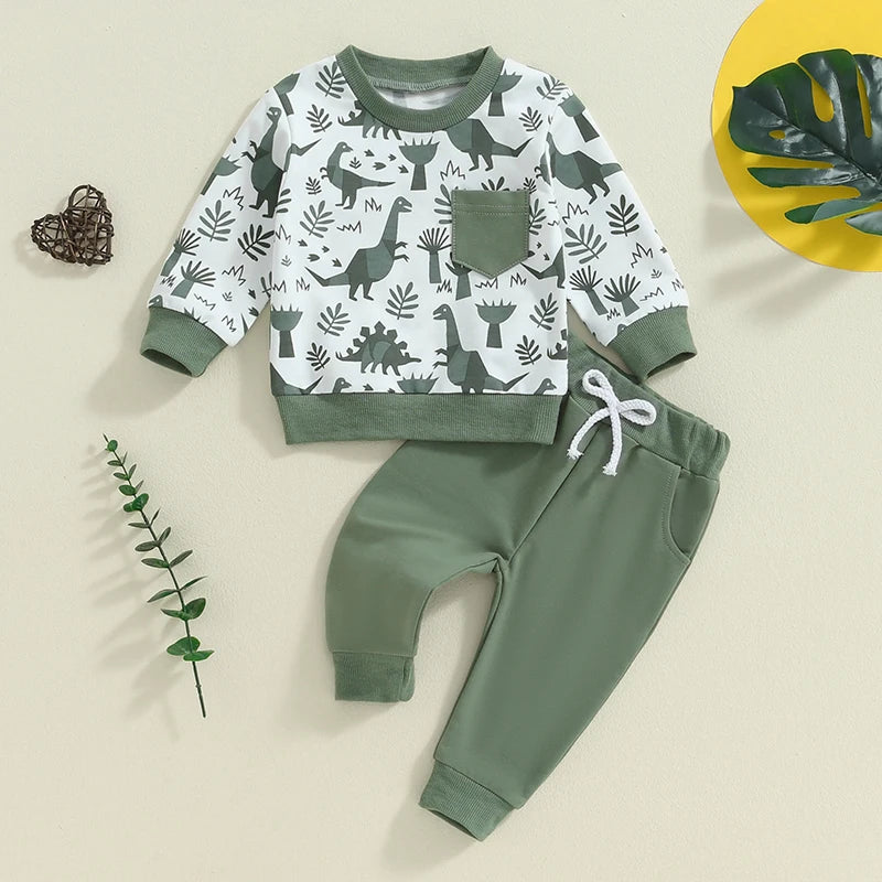 Children's outfit with dinosaur pattern shirt and green pants 