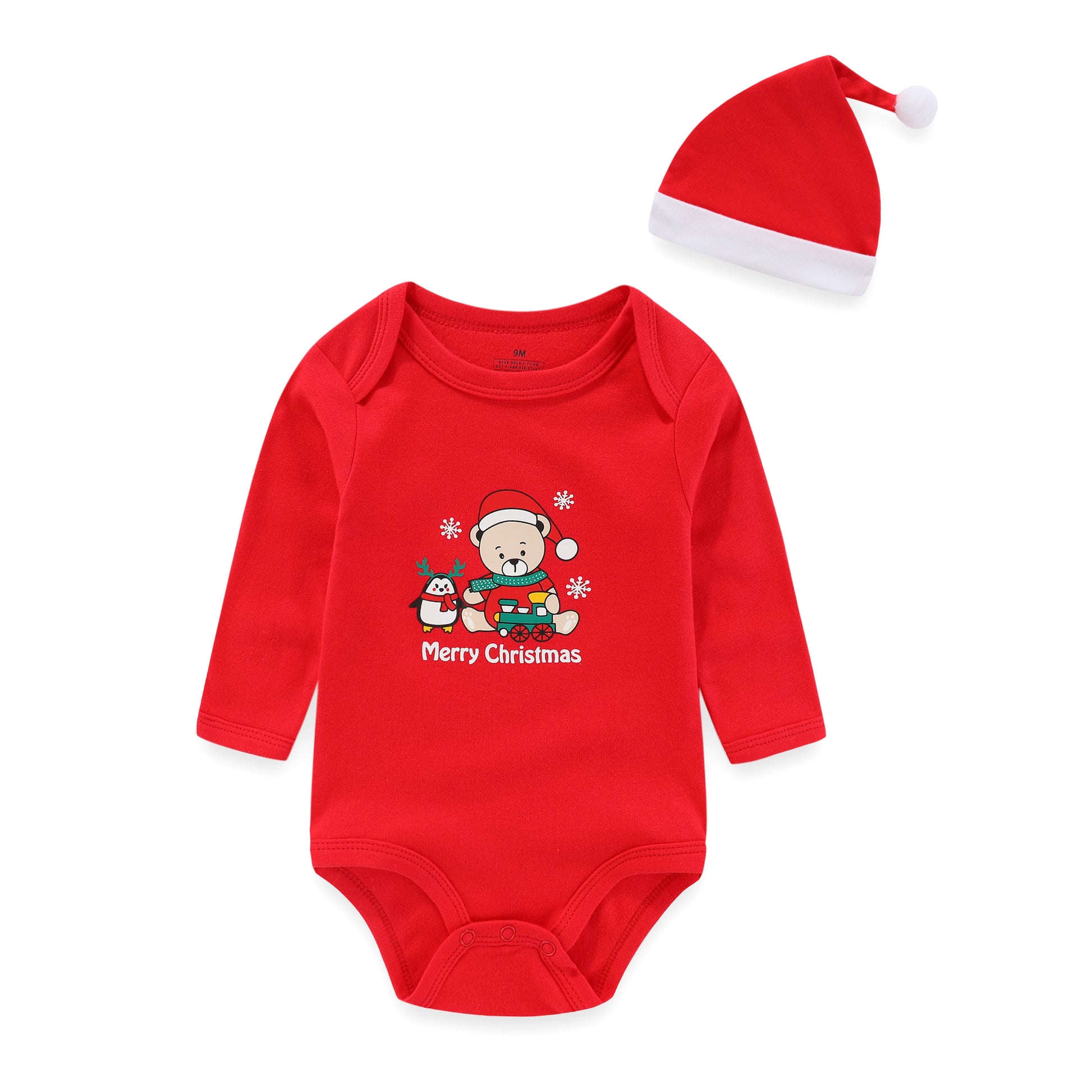 Red baby onesie with Christmas design and matching hat 
