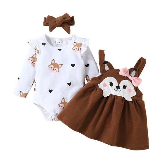 Baby outfit set with white onesie with animal print and brown dress with fox design