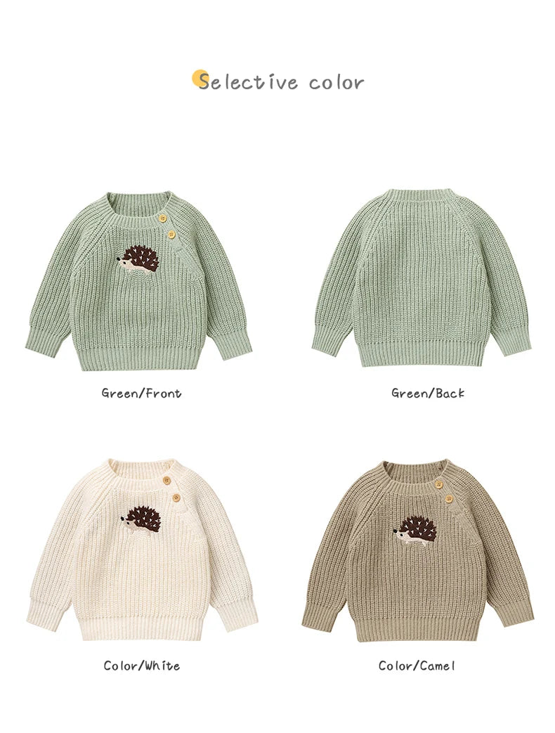 Four green sweaters with hedgehog designs 