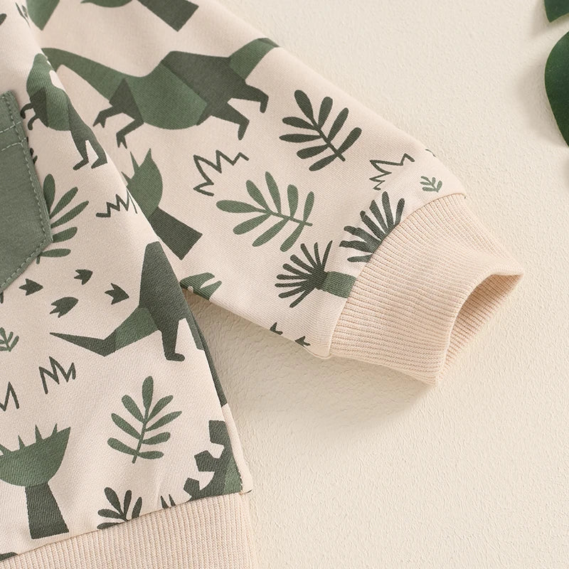 Children's clothing with green dinosaur and leaf pattern 