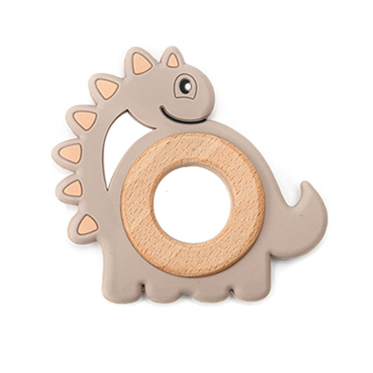 Each teething ring has a wooden ring surrounded with a silicone shaped dinosaur