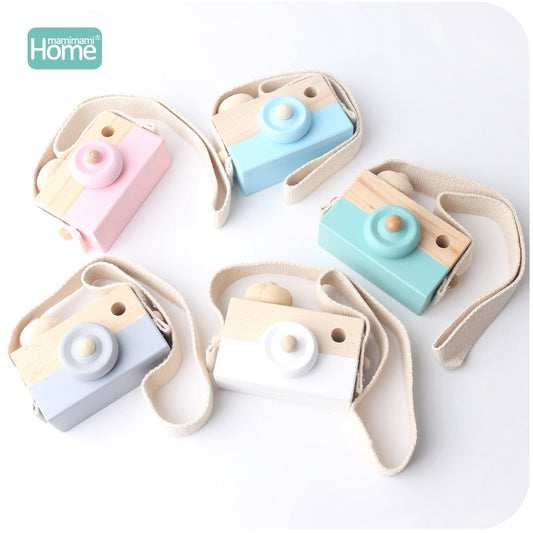 5 different coloured wooden play toy cameras